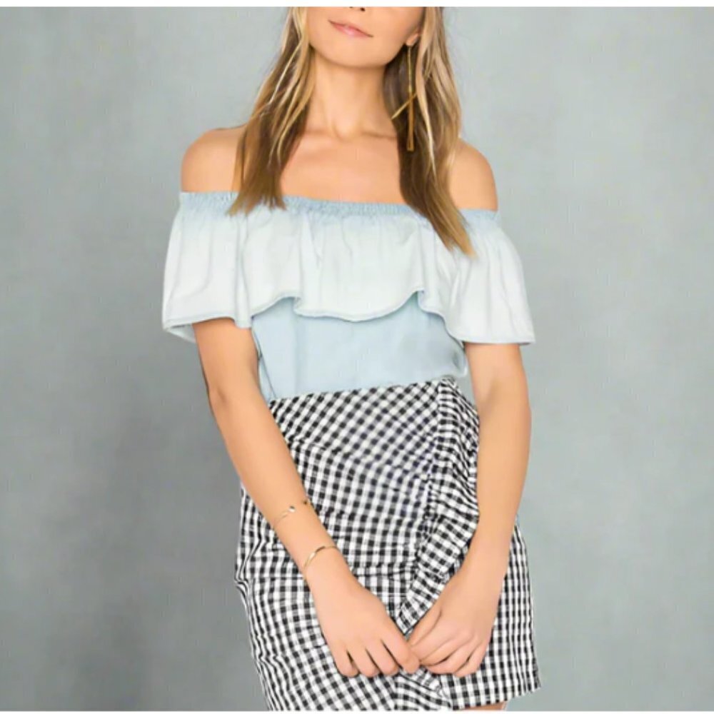 Joie Off Shoulder Ruffle Chambray Top Womens Blue Cotton Lyocell Blouse.